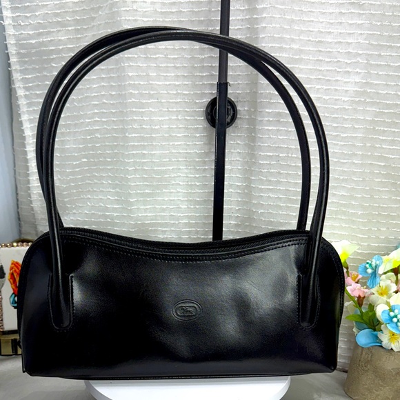 (E4) Vintage Elegant classic low black leather handbag. Retro style. Y2K - Picture 1 of 12